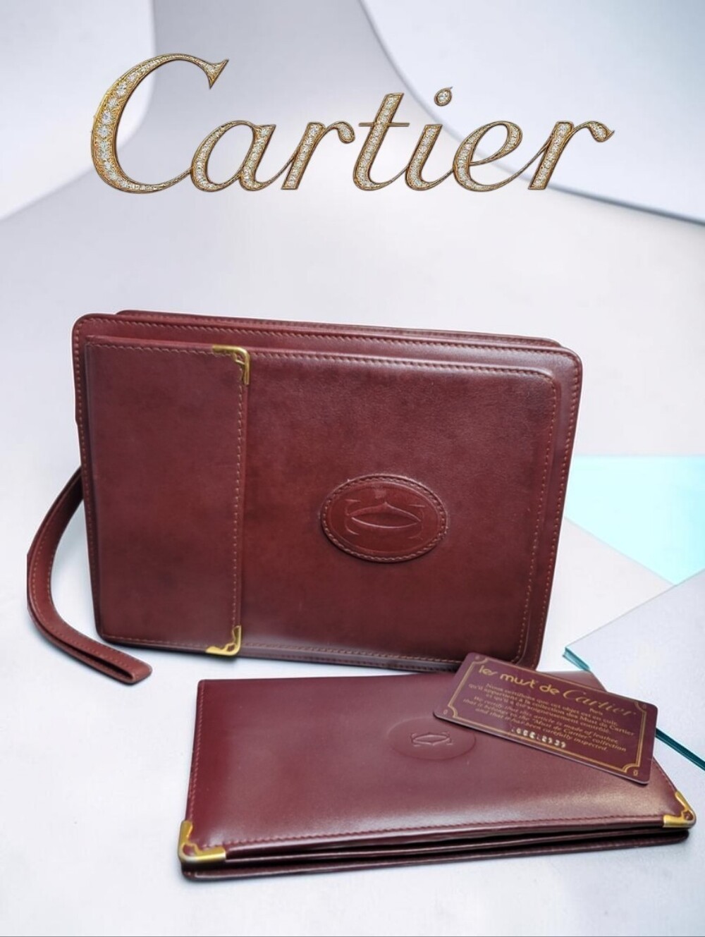 Cartier Burgundy Leather Wristlet Clutch with Wallet Vintage With Dustbag